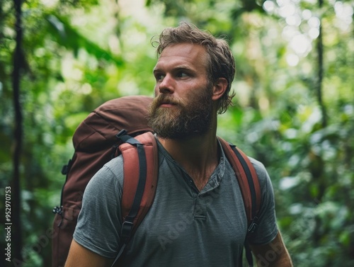 Adventurous Outdoorsman in Tropical Rainforest