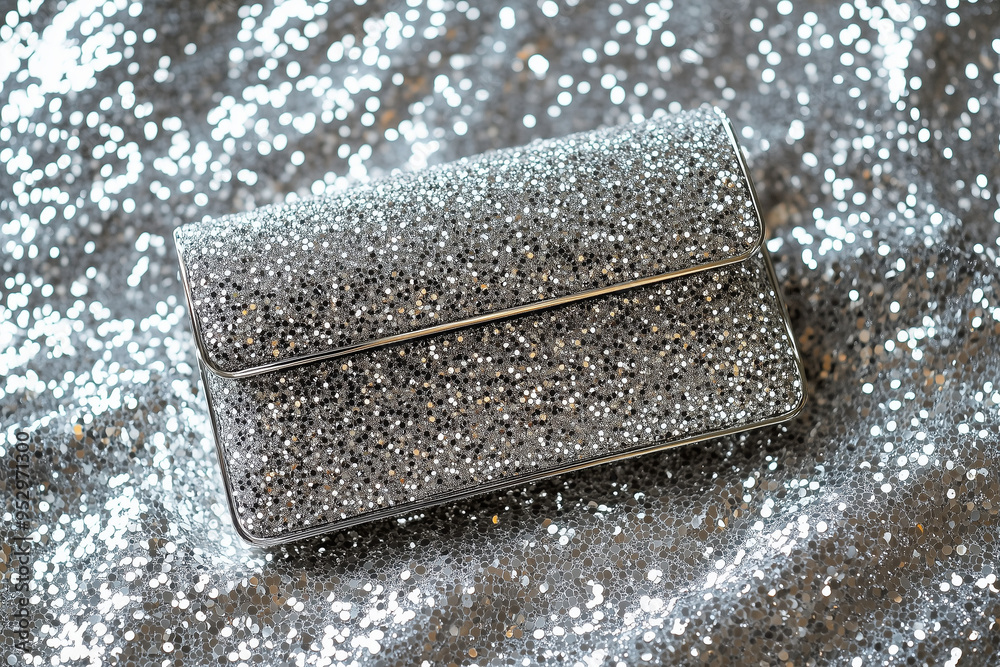 Evening Elegance: A Clutch on a Glittering Silver Background Evening Elegance: A Clutch on a Glittering Silver Background