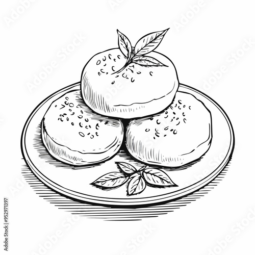 Mochi Japanese Japan Food Meal Menu Dish Delicious Cuisine Eat Sketch Style
