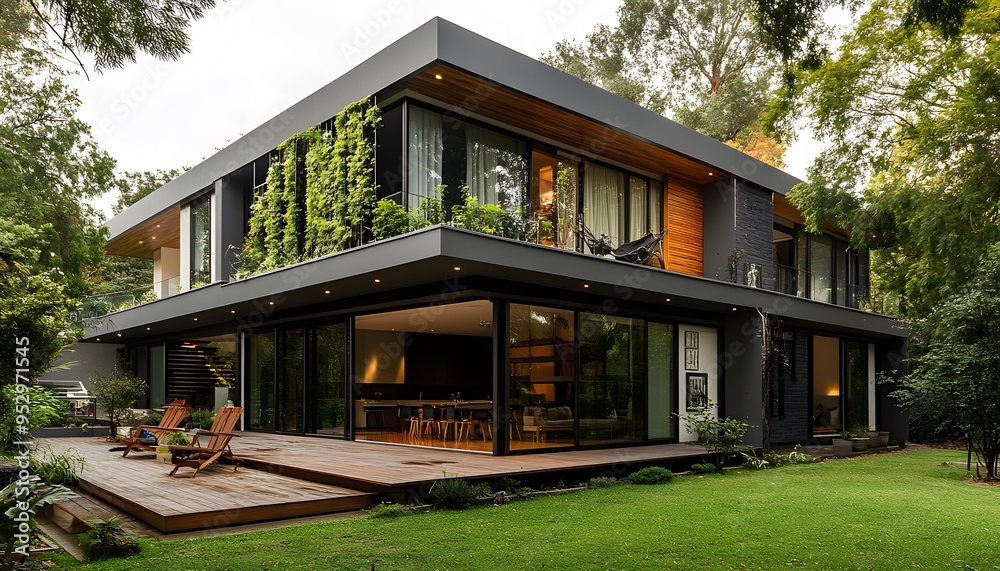 Modern Black House with Wooden Deck and Green Grass Modern Black House with Wooden Deck and Green Grass