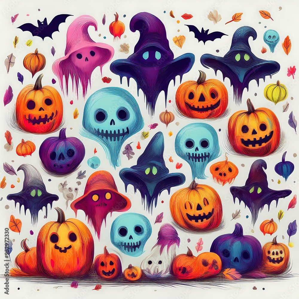 Playful Halloween Characters Pattern - pattern with Halloween characters an elements - ghost, witch, pumpkin. Graphic art illustration wallpaper