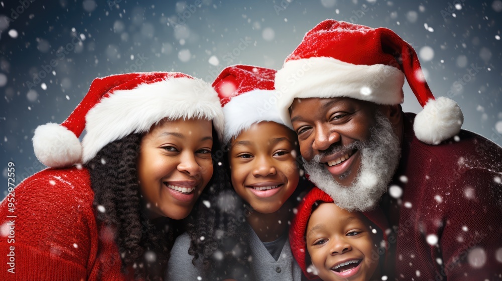 Happy African American family smiling and wearing Santa hats. Family time Christmas celebration. Grandparents and grandchildren.