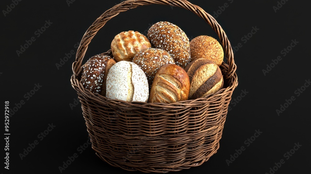 Basket of Freshly Baked Breads  Variety of Loaves  Wicker Basket  Brown Background
