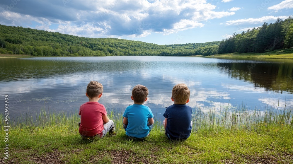 Three children sit by a serene lake, enjoying nature and reflecting on their surroundings. Three children sit by a serene lake, enjoying nature and reflecting on their surroundings.