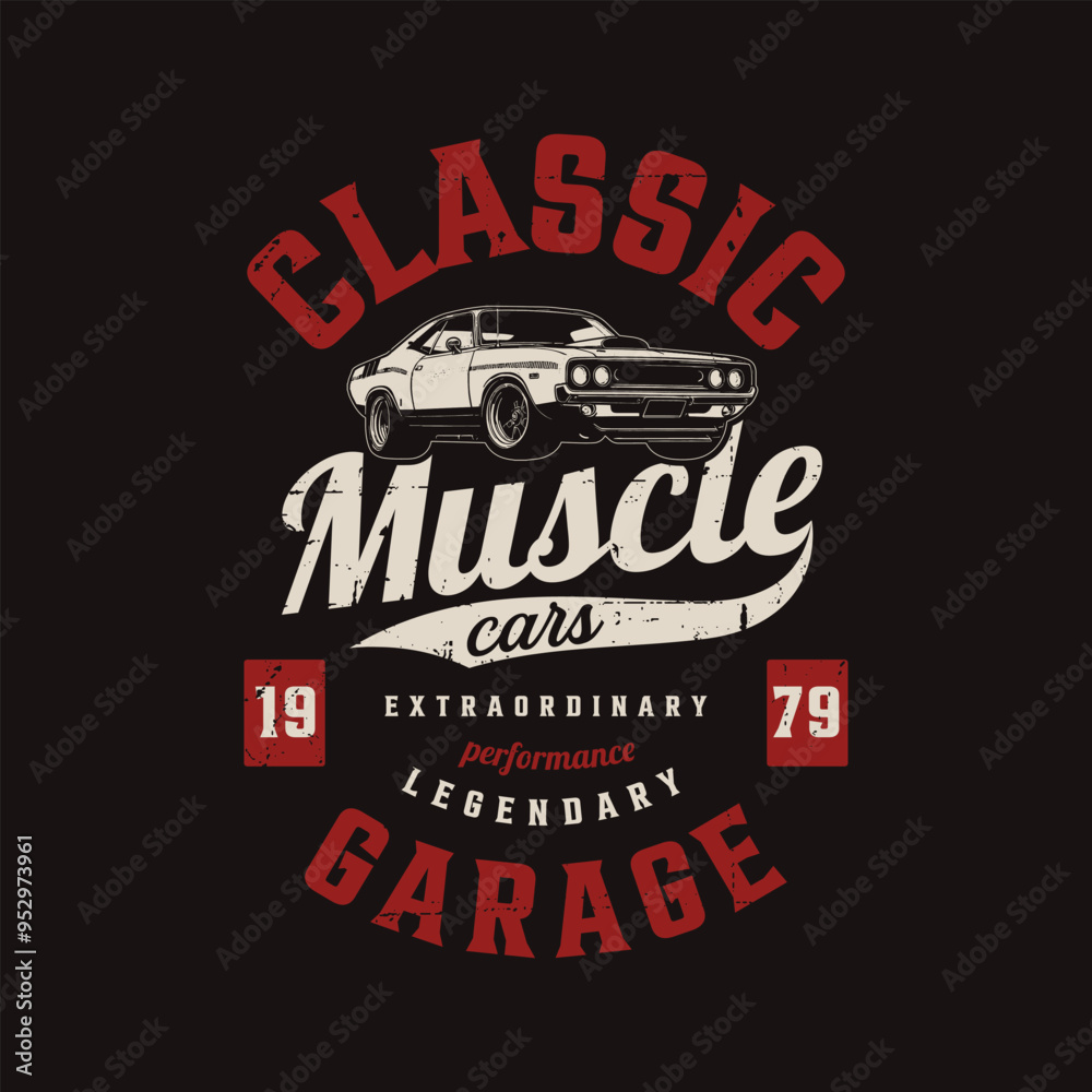 Obraz premium MUscle classic car vector tee shirt design template poster prints. american muscle legend garage cars illustration. superior performance.