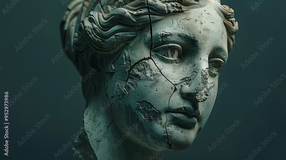 A close-up of a cracked ancient sculpture, highlighting its intricate details and historical significance. A close-up of a cracked ancient sculpture, highlighting its intricate details and historical significance.