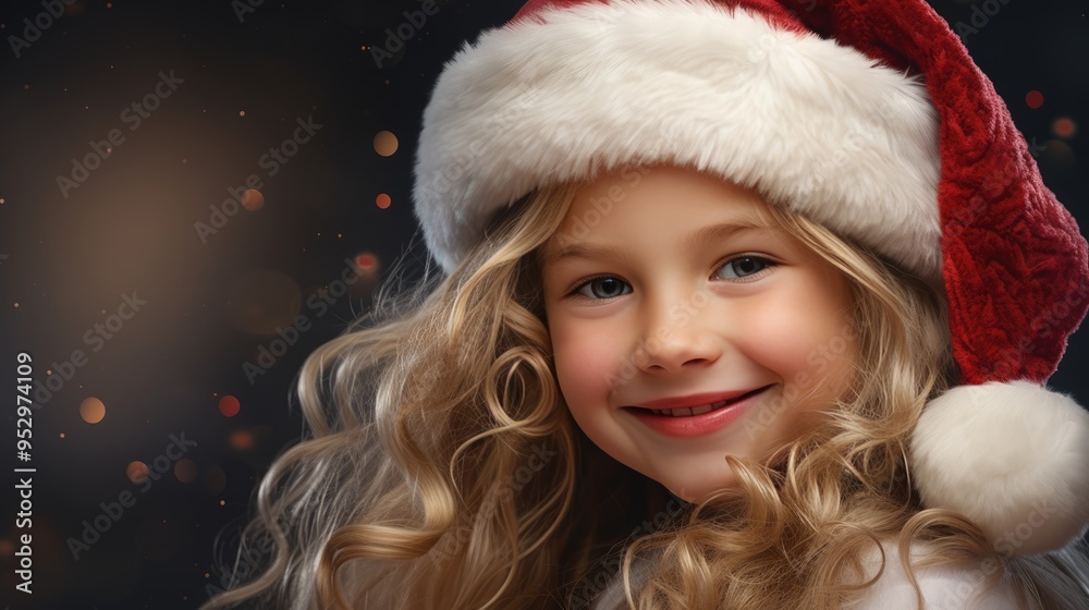 Cute little girl wearing red Santa hat and smiling. Christmas and New Year concept. Copy space. Cute little girl wearing red Santa hat and smiling. Christmas and New Year concept. Copy space.