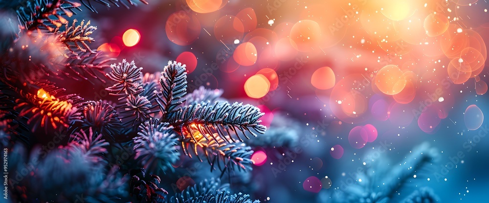 Fototapeta premium Close-up of a frosted pine branch with a bokeh background of colorful lights.