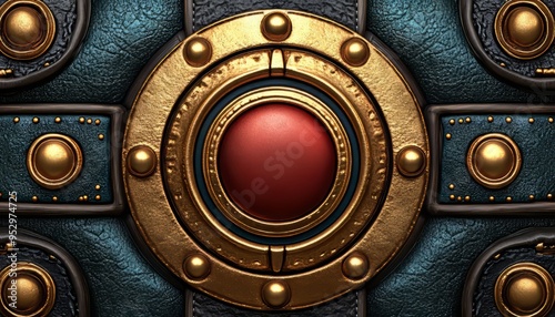 Circular Gold and Red Button with Decorative Elements