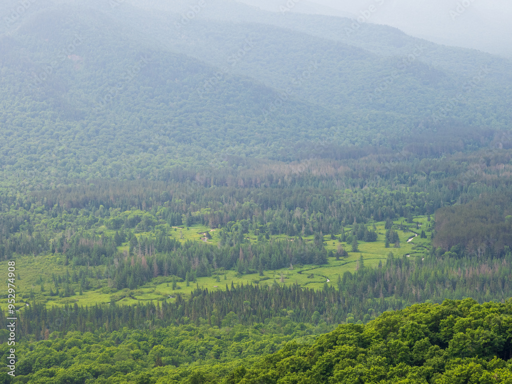Fototapeta premium South Meadow Brook down in the valley with haze in the mountains seen from the summit of Mt. Van Hoevenberg, Lake Placid, Upstate New York.