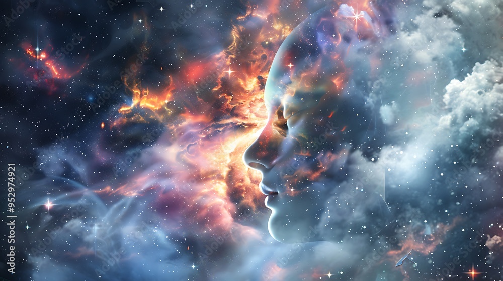 A cosmic illustration depicting a serene human face merging with vibrant nebulae and stars. A cosmic illustration depicting a serene human face merging with vibrant nebulae and stars.