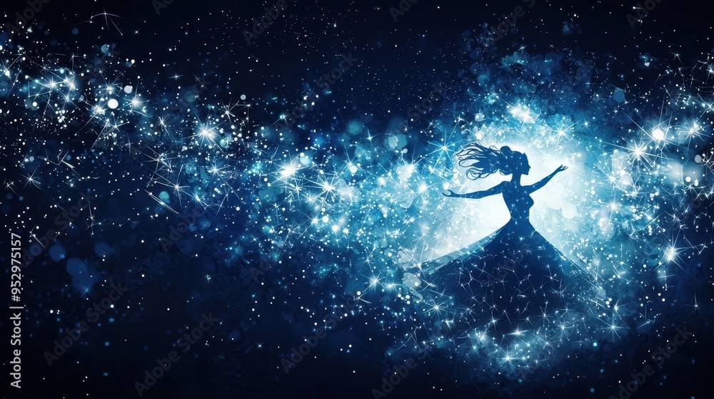 Woman Silhouette in Starry Sky Magical Fantasy Background Woman Silhouette in Starry Sky Magical Fantasy Background