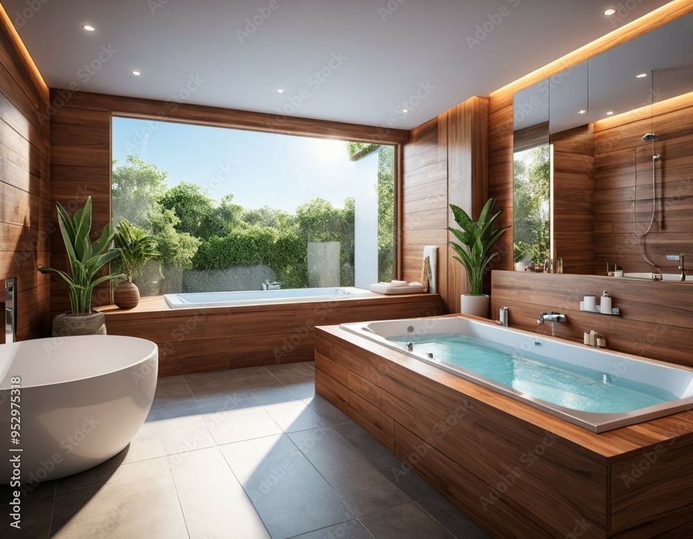 Fototapeta premium Diseño de interior minimalista de un baño grande, Diseño moderno de un cuarto de baño con tina 