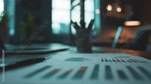 Blurred View of a Desk with Documents and a Pen