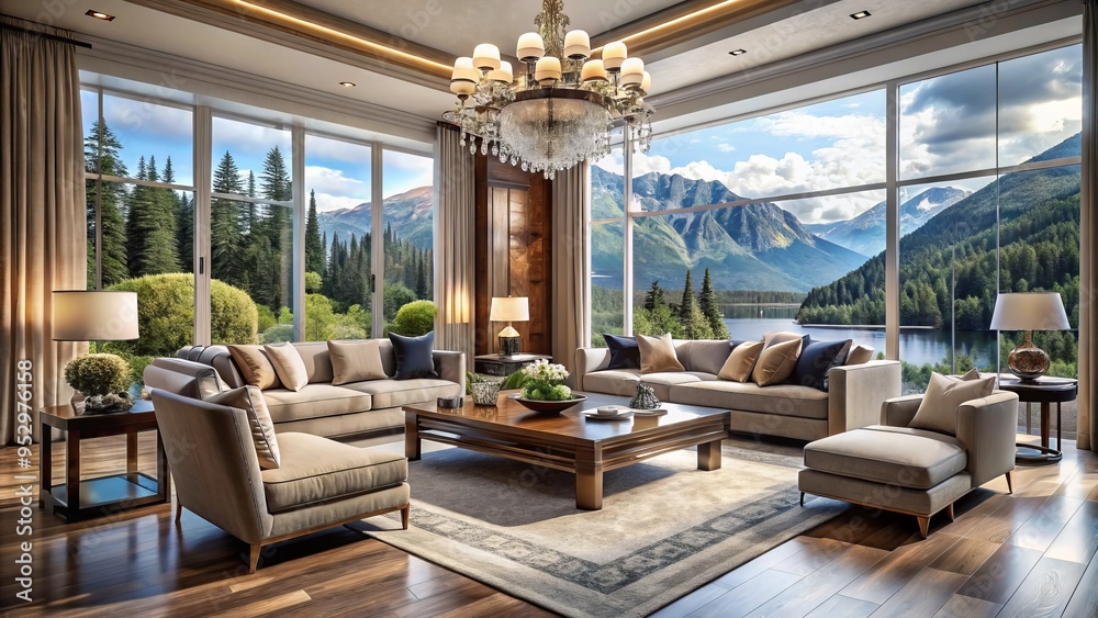 A luxurious living room setting, featuring elegant furniture and sophisticated decor, is the perfect backdrop for a stunning photo against a breathtaking natural landscape.
