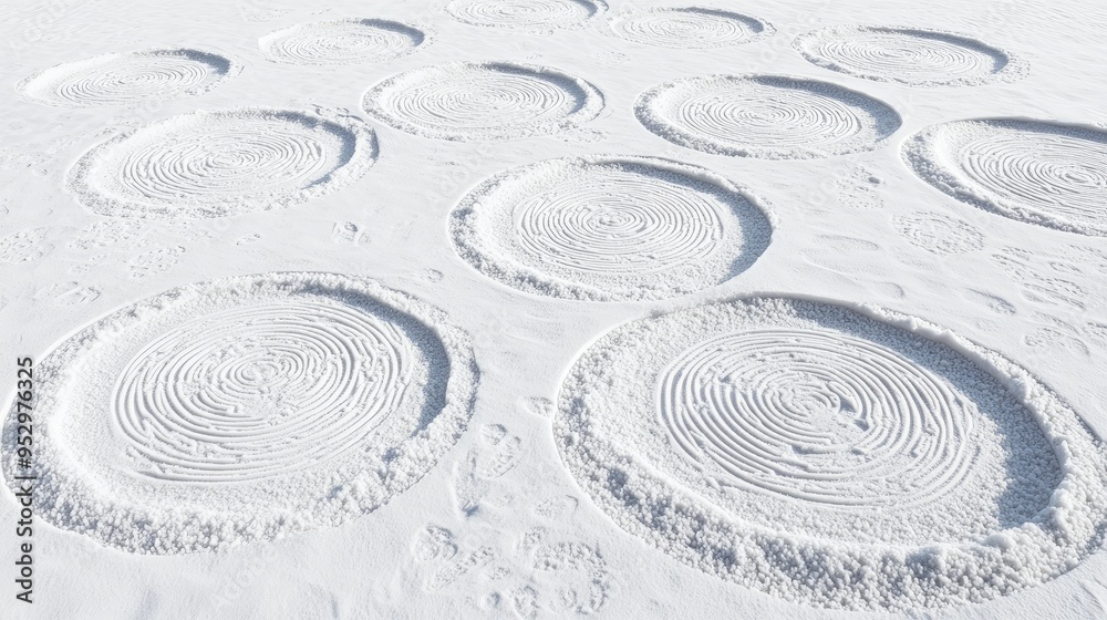 Snow-covered ground with circular patterns created by swirling designs. Snow-covered ground with circular patterns created by swirling designs.