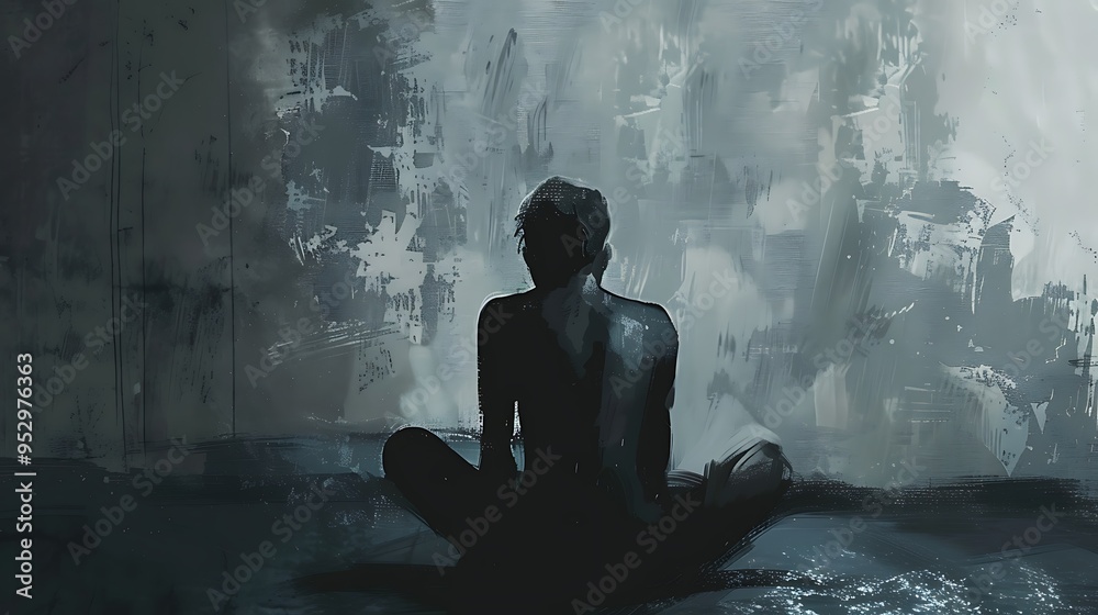 A solitary figure sits in a dimly lit space, evoking feelings of introspection and isolation.