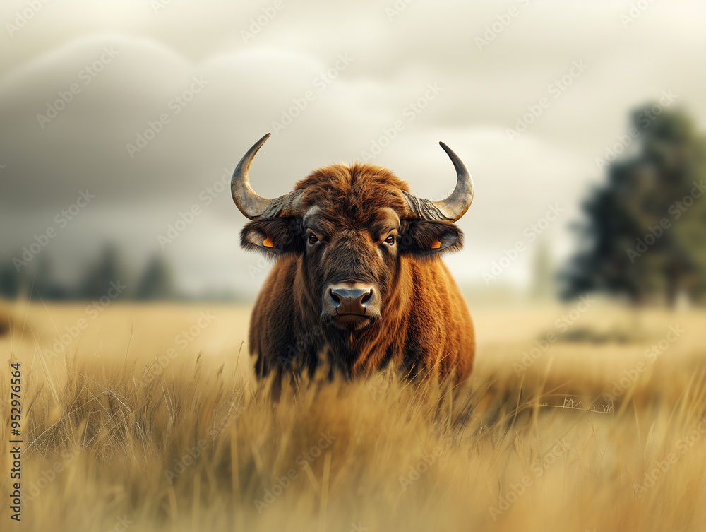 Close up of Water Buffalo, Bubalus species, in a grassy field Close up of Water Buffalo, Bubalus species, in a grassy field