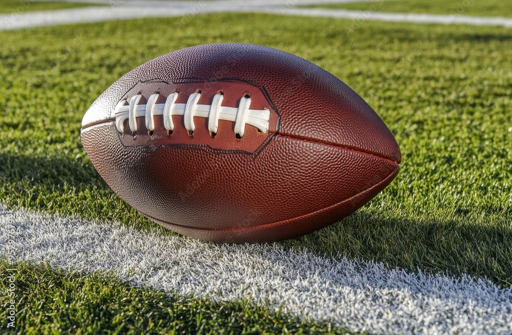 American Football on Green Grass Field with White Line American Football on Green Grass Field with White Line
