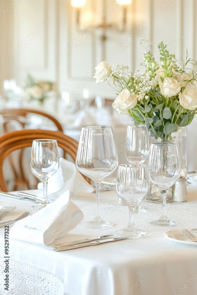 Elegant White Table Setting with Wine Glasses and Flowers Elegant White Table Setting with Wine Glasses and Flowers