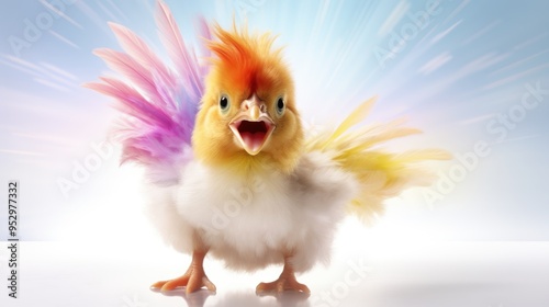 Vibrant chicken flying with colorful rainbow feathers in the sky on bright background