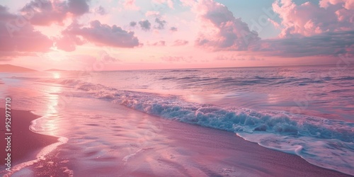 Fototapeta Naklejka Na Ścianę i Meble -  Deserted beach with serene ocean Soft pink sunset on tranquil evening