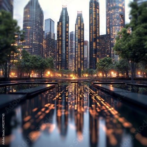 Skyline of towering skyscrapers illuminated by a dazzling array of lights, casting a vibrant glow over the bustling urban cityscape photo