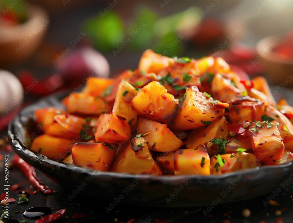 Close up of crispy Patatas Bravas in rustic bowl, a popular Spanish tapas dish Close up of crispy Patatas Bravas in rustic bowl, a popular Spanish tapas dish