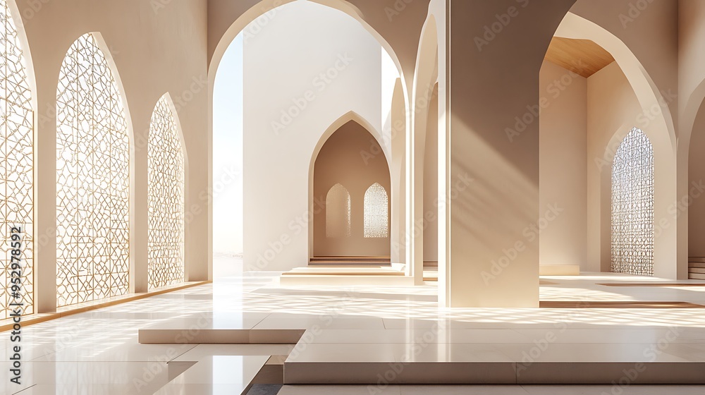 Fototapeta premium Sunlit interior with white arched doorways and geometric window designs