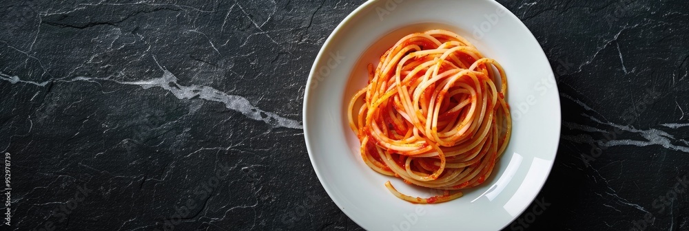 Paprika-flavored spaghetti presented on a white porcelain dish set on a dark stone surface. Paprika-flavored spaghetti presented on a white porcelain dish set on a dark stone surface.