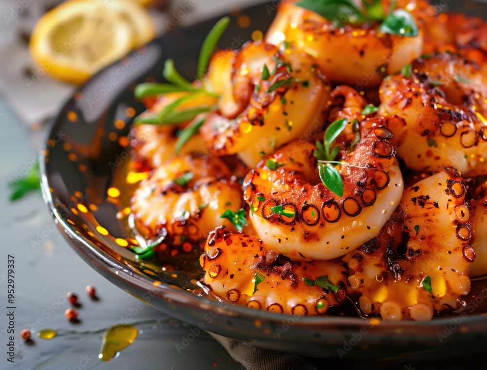 Gourmet Mediterranean dish Pulpo a la Gallega served on black plate, close up