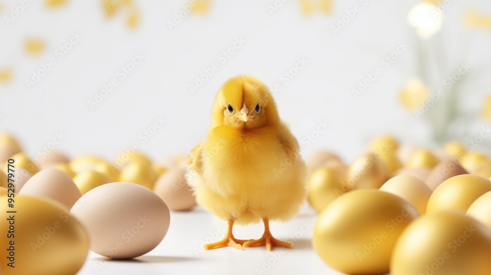 Fluffy yellow baby chick standing in front of golden Easter eggs Fluffy yellow baby chick standing in front of golden Easter eggs