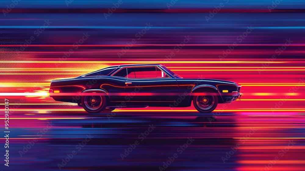 Retro Futuristic Car in Motion with Neon Light Trails in a Vibrant Night Scene Retro Futuristic Car in Motion with Neon Light Trails in a Vibrant Night Scene