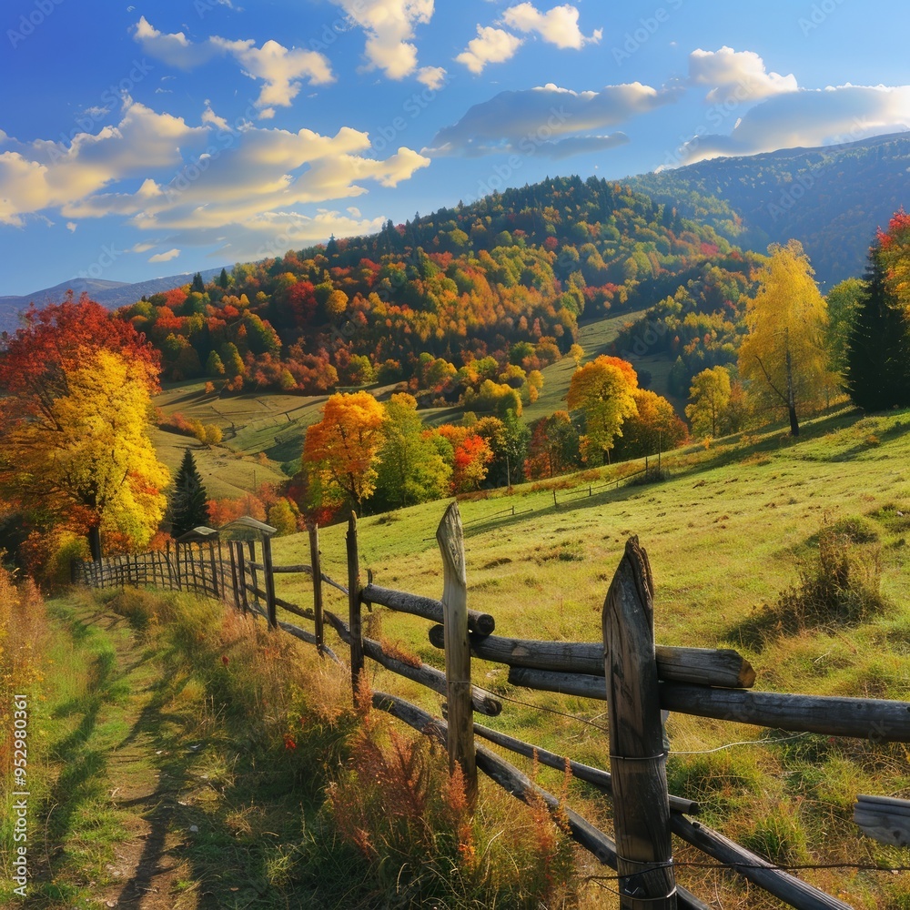 Colorful autumn landscape scene with fence in Transylvania mountain-Romania Colorful autumn landscape scene with fence in Transylvania mountain-Romania