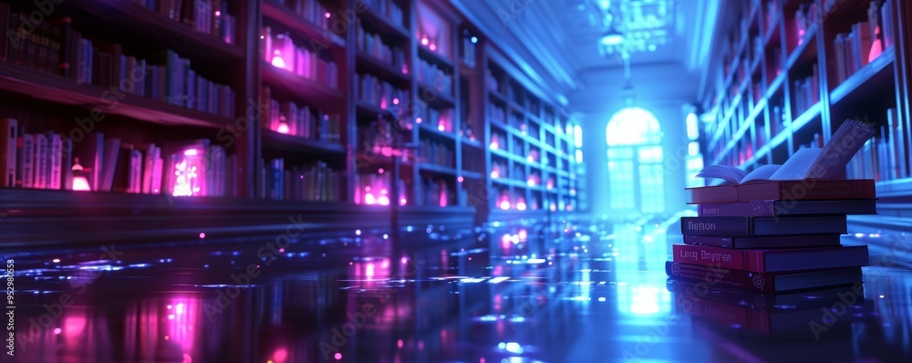 Magical Library with Glowing Books and Neon Lights in a Mystical Atmosphere Magical Library with Glowing Books and Neon Lights in a Mystical Atmosphere