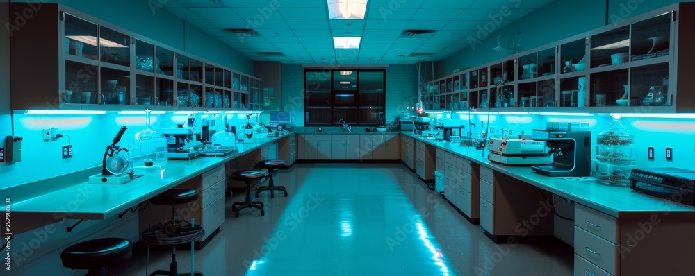Fototapeta premium Modern Scientific Laboratory with Advanced Equipment and Blue Lighting for Research and Experiments
