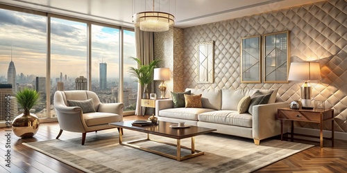 Cream-colored sofa wraps around velvet armchair, atop gleaming wood coffee table, as cityscape wallpaper and geometric rug harmonize in a symphony of opulence, serenity, and modernity.