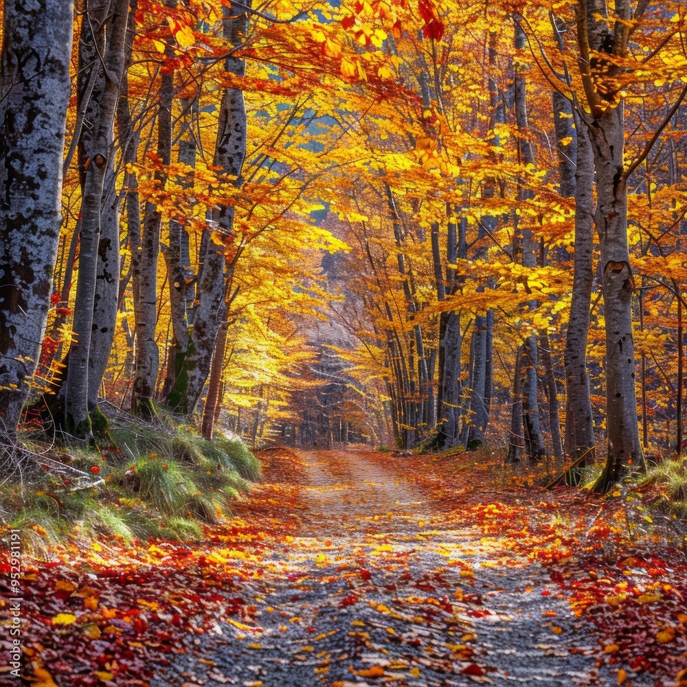 Fototapeta premium Colorful trees and footpath roads in the autumn landscape in deep forest. The autumn colors in the forest create a magnificent view. autumn view in nature.
