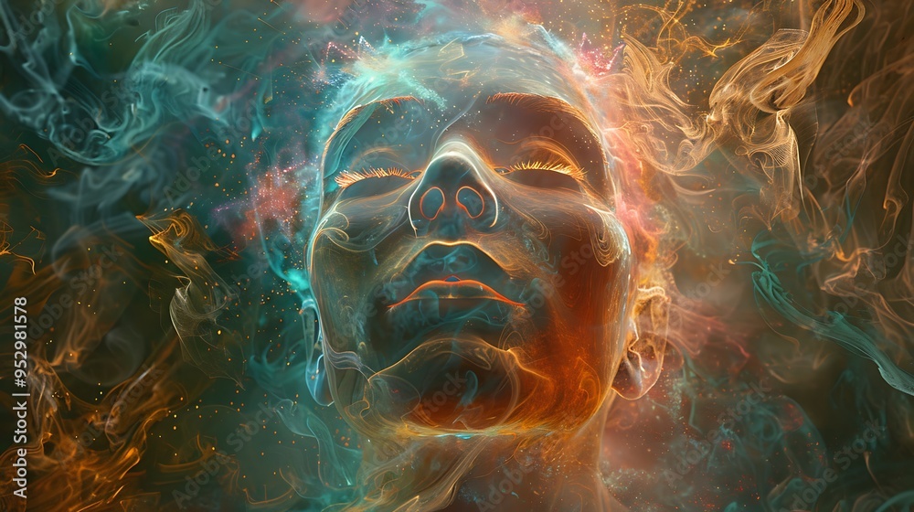 A surreal depiction of a serene face surrounded by vibrant, swirling colors and ethereal smoke. A surreal depiction of a serene face surrounded by vibrant, swirling colors and ethereal smoke.