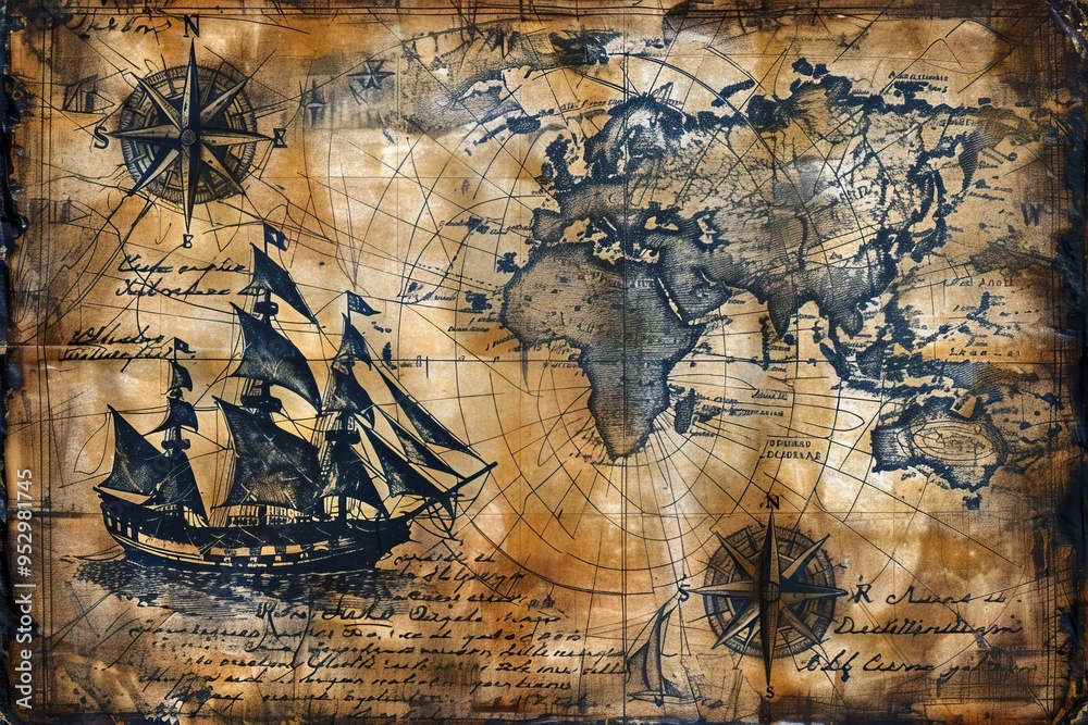Fototapeta premium Vintage Nautical Map with Ships and Compass