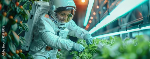 Astronaut Farmer Tending to Plants in Futuristic Greenhouse - Space Agriculture Concept photo