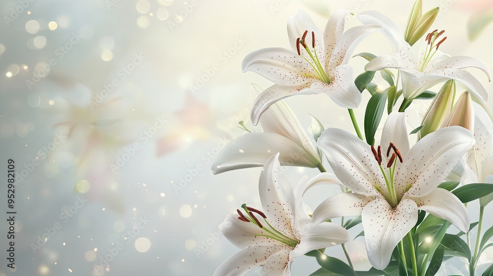 A bouquet of realistic lilies with detailed textures, set against a light background with space for text on the top, suitable for sympathy messages. A bouquet of realistic lilies with detailed textures, set against a light background with space for text on the top, suitable for sympathy messages.