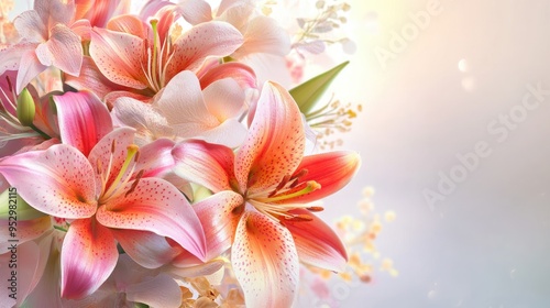 A bouquet of realistic lilies and orchids with detailed textures, set against a light background with space for text, ideal for sympathy messages.