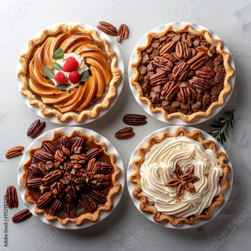 Traditional fall Thanksgiving pies variety, pumpkin, pecan, and cheesecake pumpkin pie overhead view with copy space