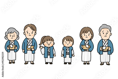 浴衣を着て温泉に行く笑顔の三世代家族