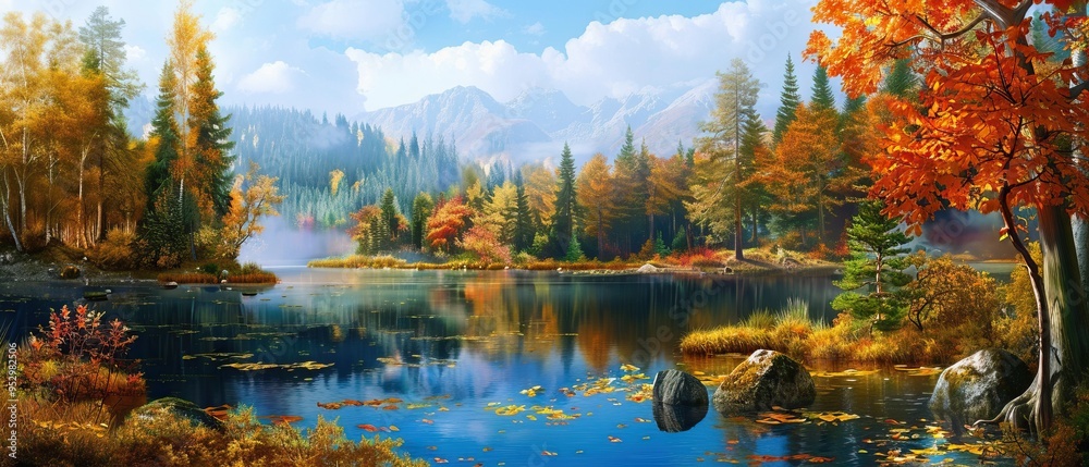 Naklejka premium Tranquil Autumn Lake in a Misty Mountain Valley