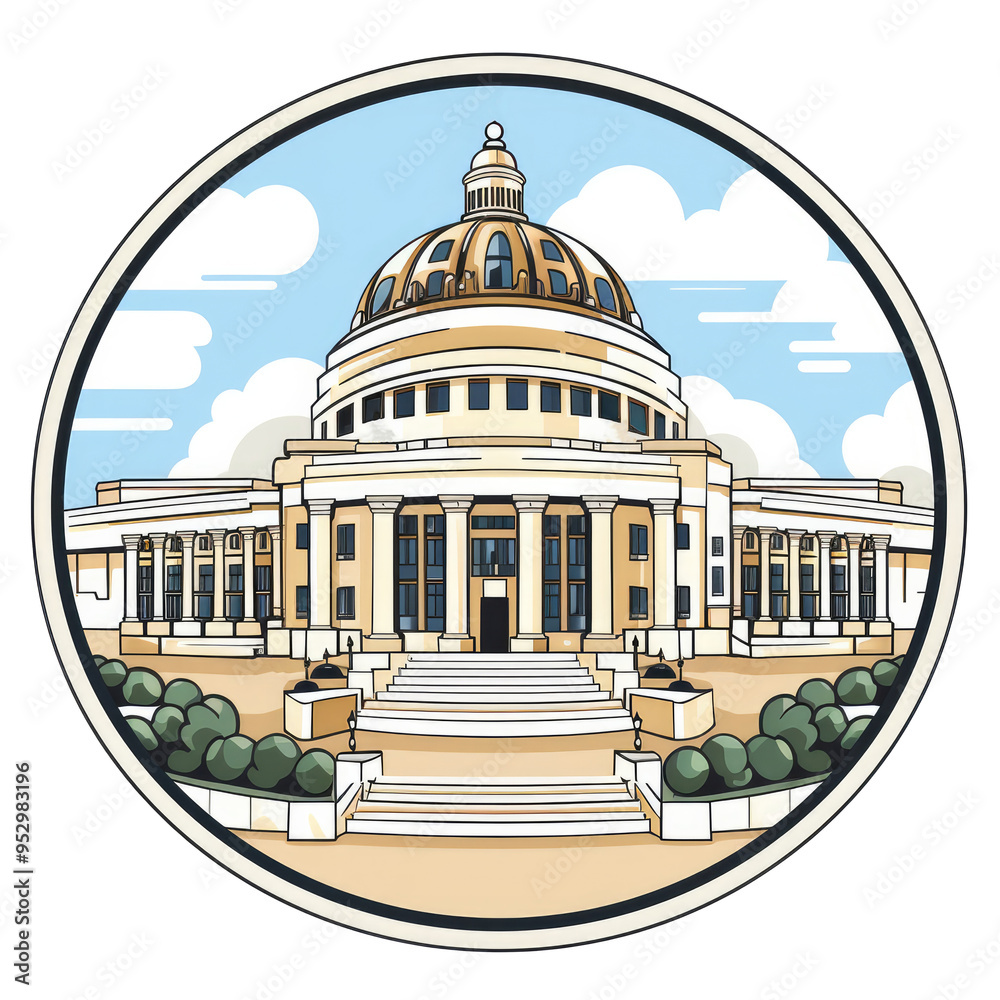 An illustration of a parliament building inside a circle