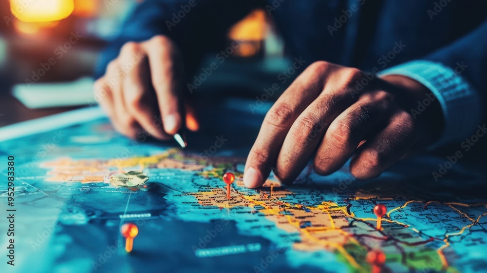 Close-up of hands planning a trip, tracing a route on a world map with pins. Close-up of hands planning a trip, tracing a route on a world map with pins.