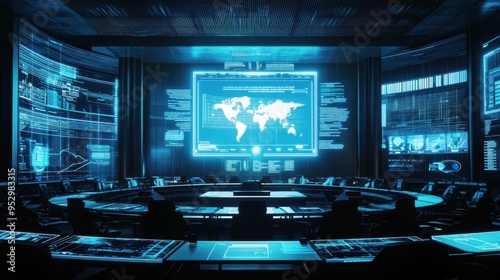 Futuristic control room with glowing screens displaying data and a world map.