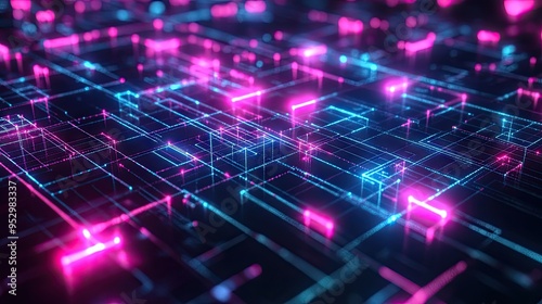 A dark grid abstract background with interconnected tech elements softly glowing in neon hues, representing futuristic digital connections.